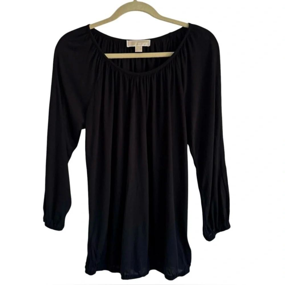 Michael Kors Black Long Sleeve Cotton Scoopneck Top Casual Blouse Medium